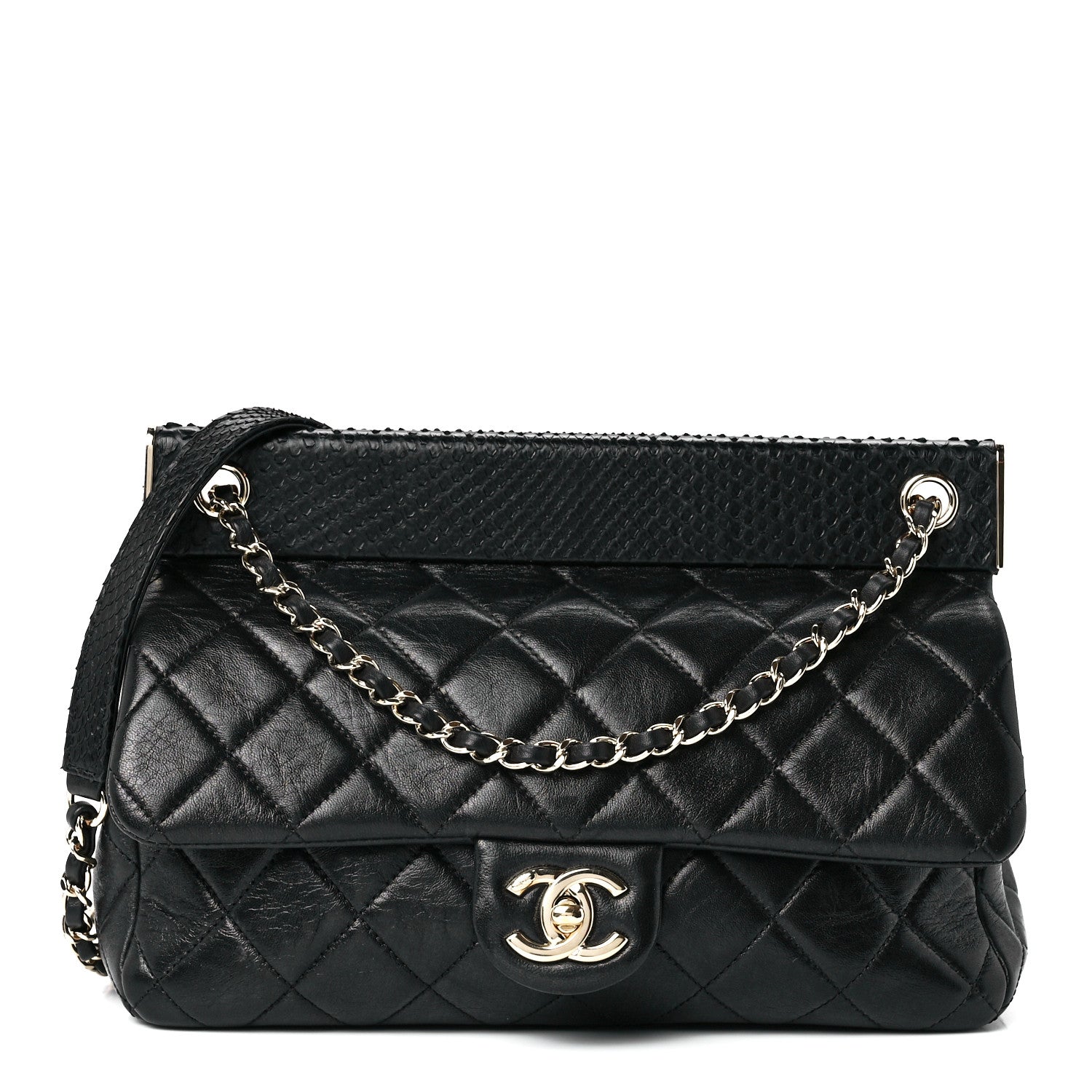 Chanel Lambskin Snakeskin Quilted Frame Flap Black 1 of 13