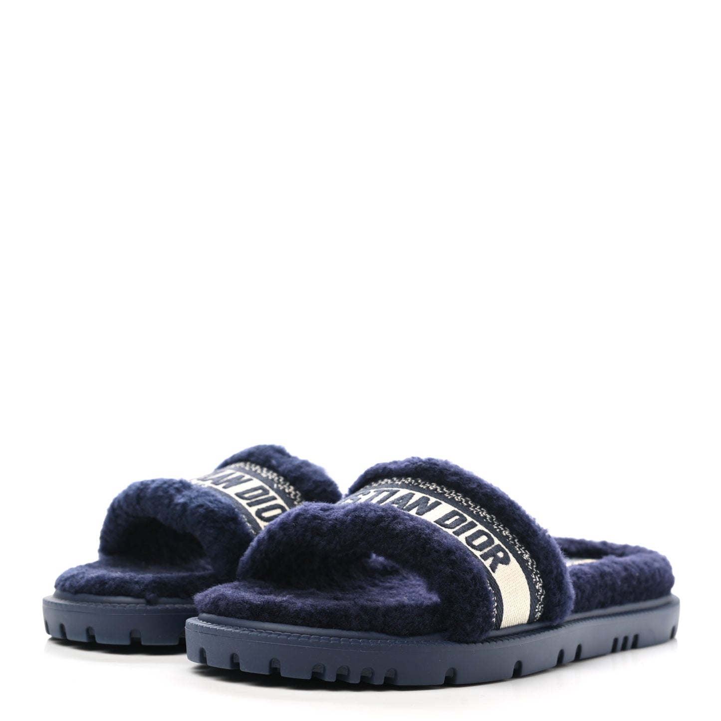 Shearling Canvas Embroidered Dway 10mm Slide Sandals 41 Deep Blue Natural