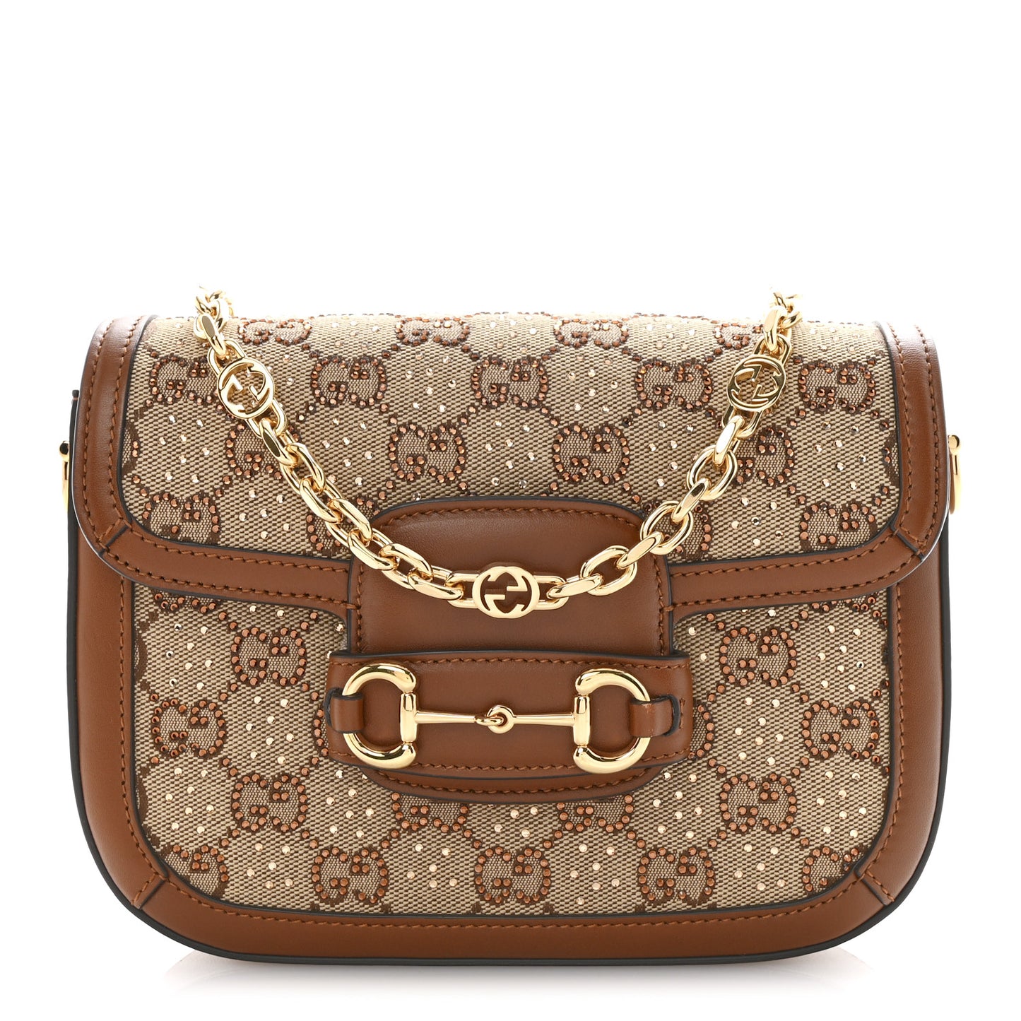 New Canvas Charisma Calfskin Crystal GG Monogram Mini Horsebit 1955 Shoulder Bag Camel Ebony