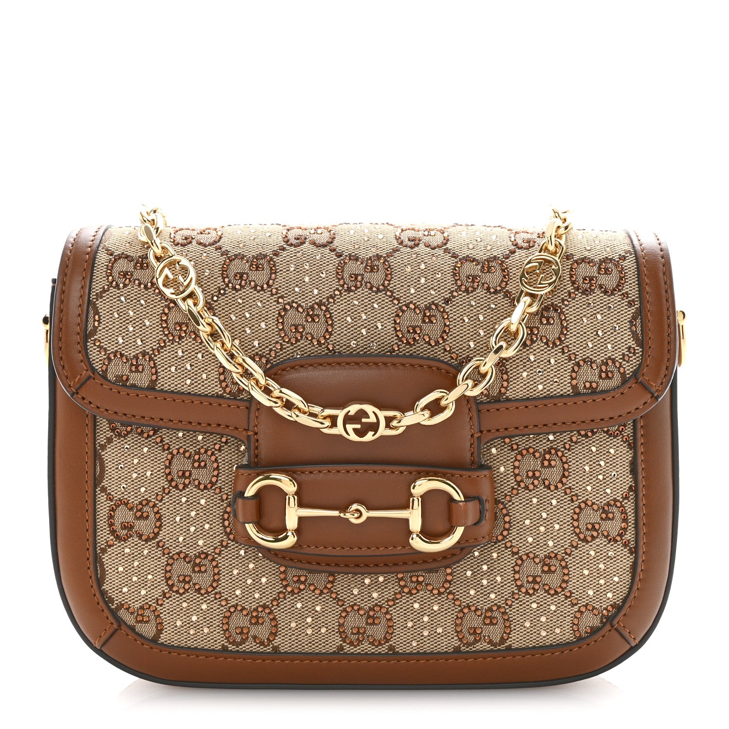 Gucci New Canvas Charisma Calfskin Crystal GG Monogram Mini Horsebit 1955 Shoulder Bag Camel Ebony 1 of 10
