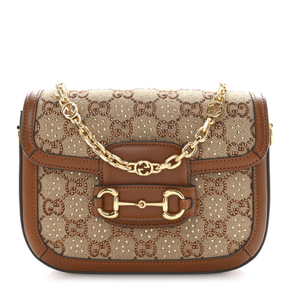 Gucci New Canvas Charisma Calfskin Crystal GG Monogram Mini Horsebit 1955 Shoulder Bag Camel Ebony 1 of 10