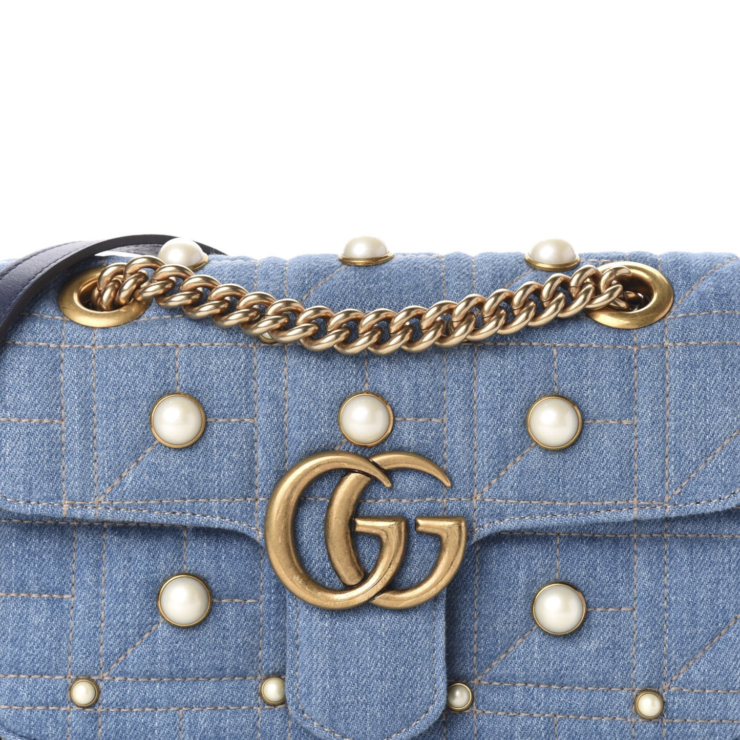 Denim Matelasse Pearl Studded Mini GG Marmont Shoulder Bag Blue