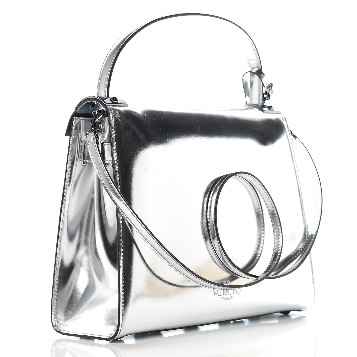 Valentino Garavani Metallic Patent Calfskin Medium My Rockstud Frame Bag Silver 3 of 13