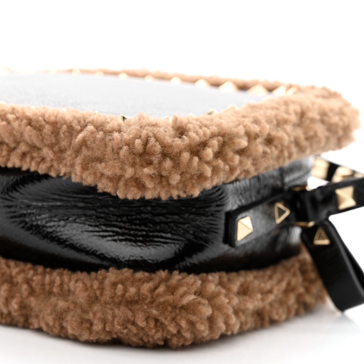 Valentino Garavani Textured Patent Calfskin Shearling Small Rockstud Camera Crossbody Bag Black 9 of 9