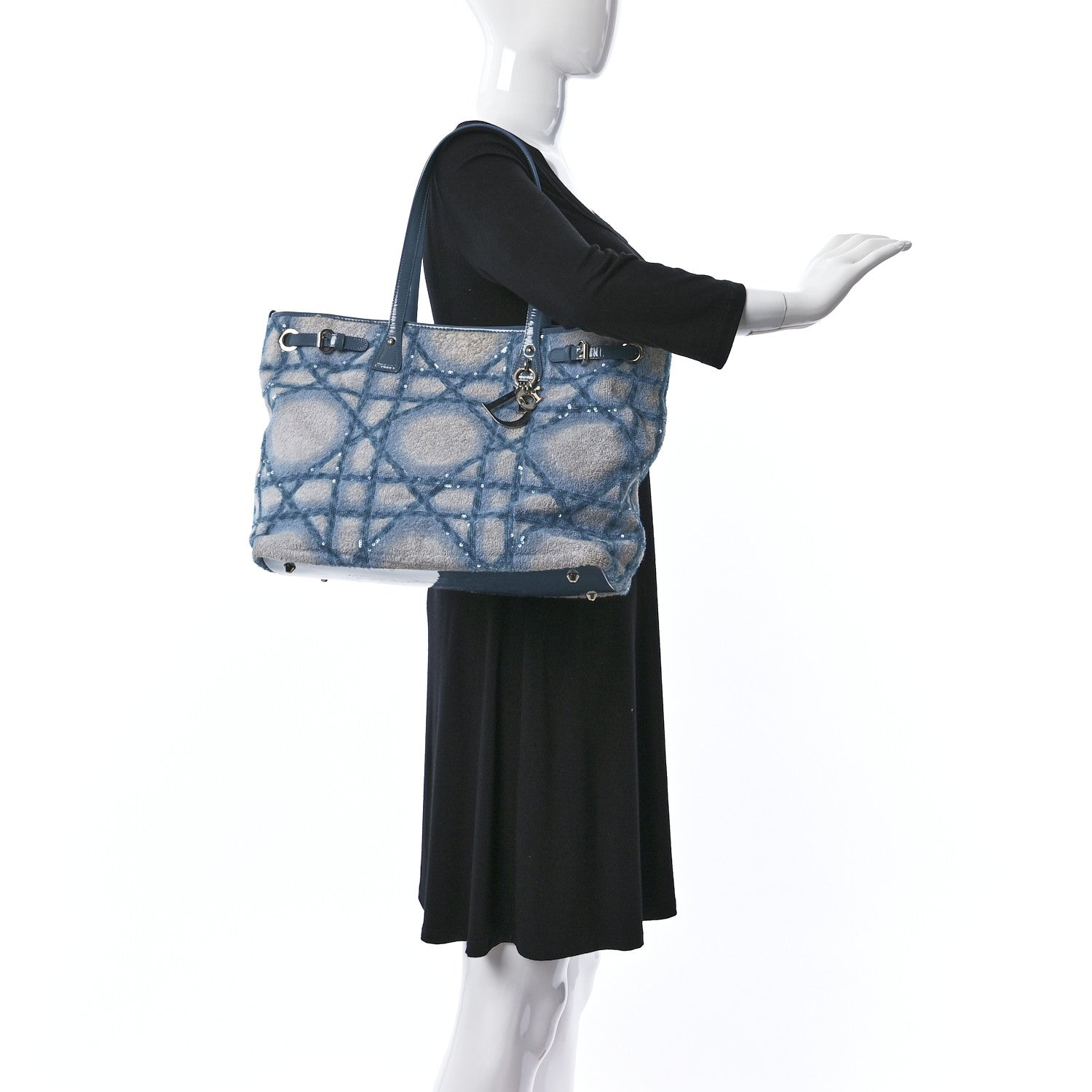 Christian Dior Canvas Patent Cannage Medium Panarea Tote White Blue 2 of 7