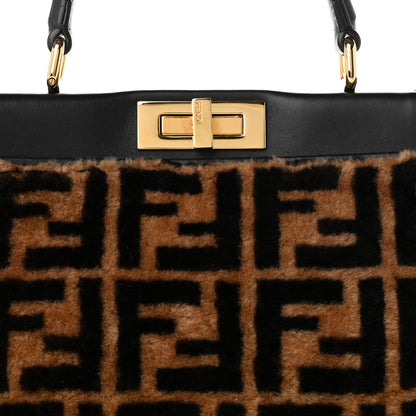 Fendi Shearling Vitello Vernice Mou Pequin Striped Medium Peekaboo Iconic Satchel Tobacco Black 7 of 11