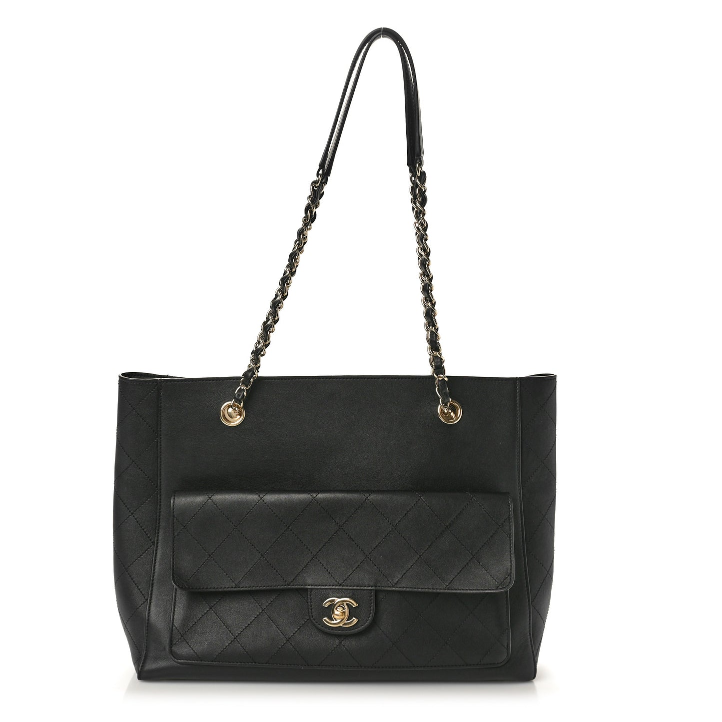 Lambskin Stitched Essential Shopping Tote Black