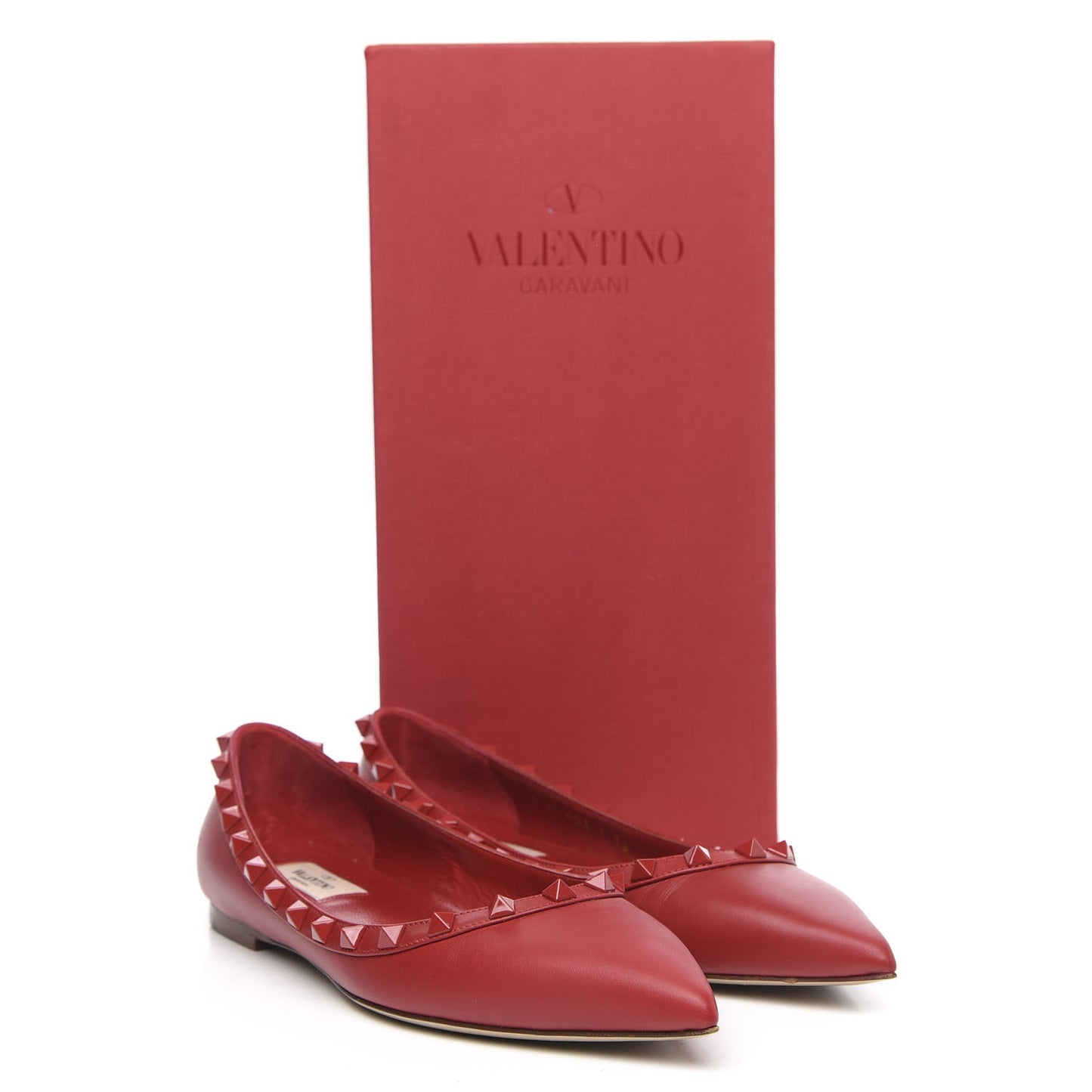 Calfskin Lacquered Monochrome Rockstud Ballerina Flats 38 Rosso Valentino