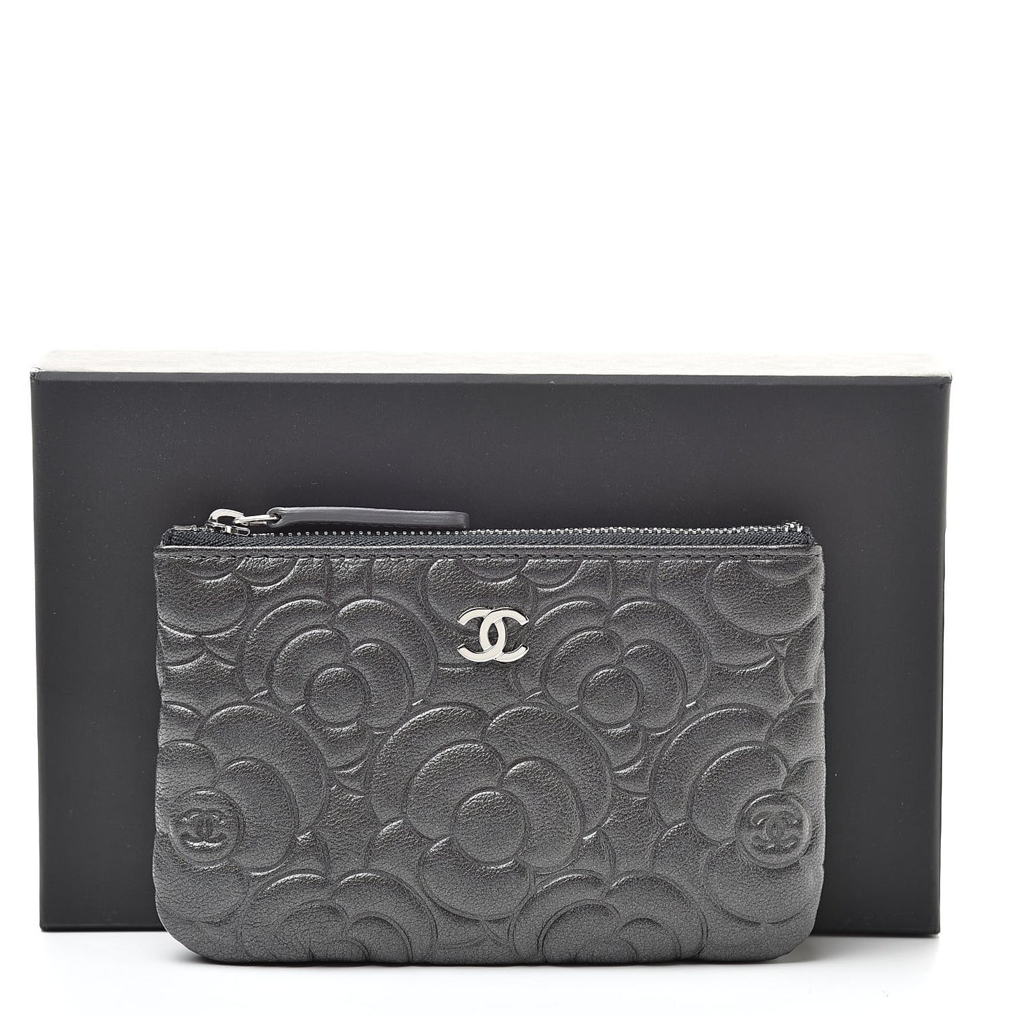 Goatskin Camellia Embossed Cosmetic Pouch Anthracite