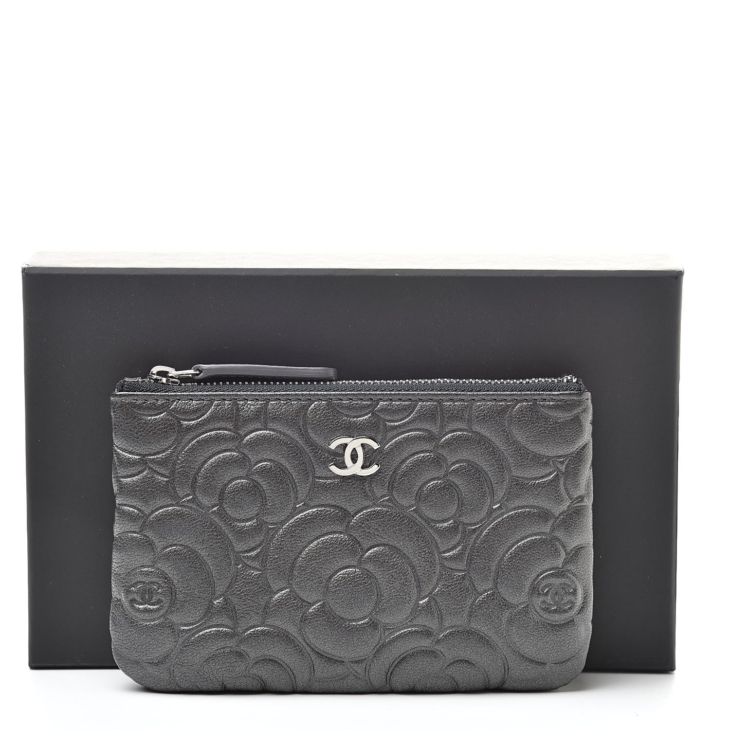 Chanel Goatskin Camellia Embossed Cosmetic Pouch Anthracite 8 of 8