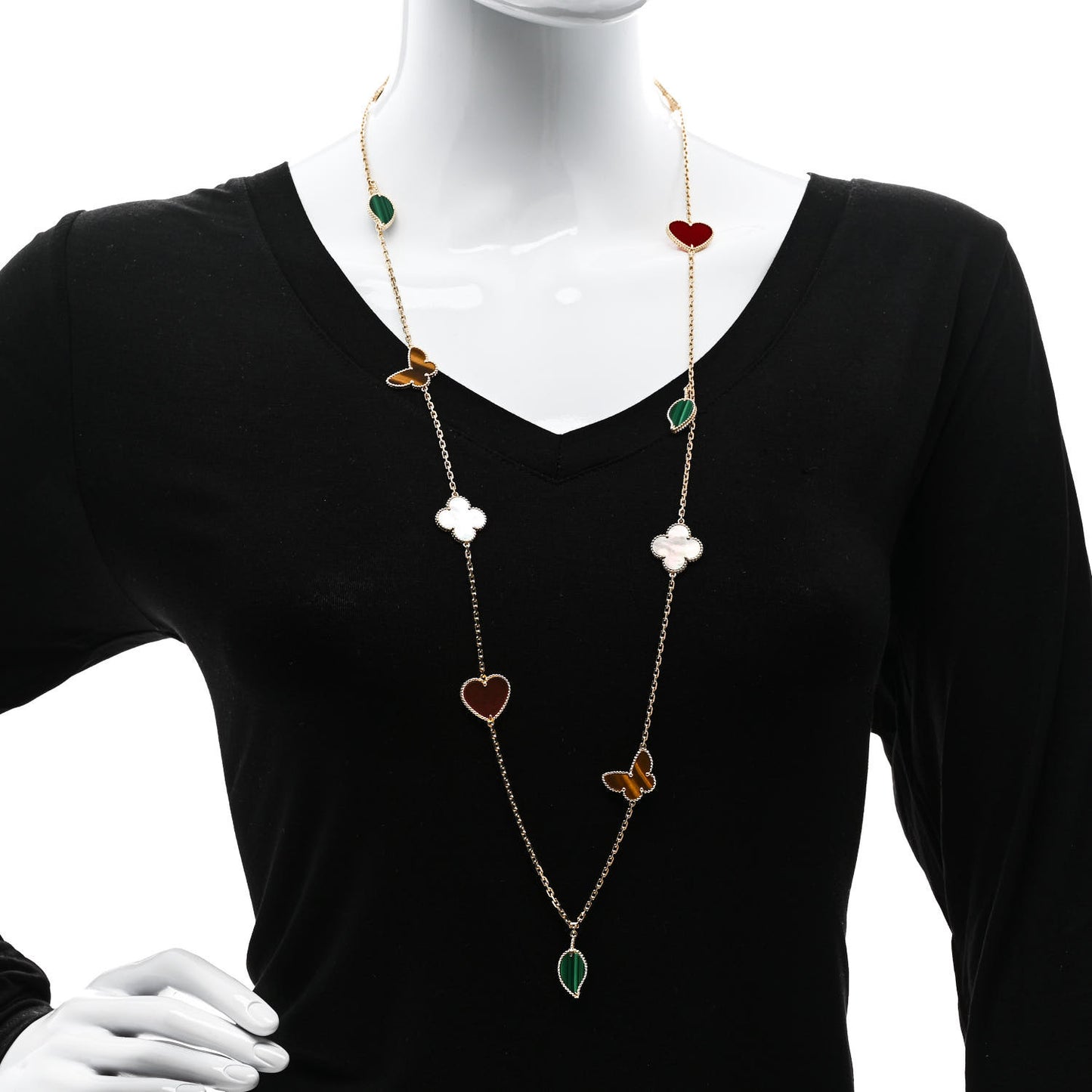VAN CLEEF & ARPELS 18K Yellow Gold Mother of Pearl Malachite Carnelian Tiger Eye 12 Motif Lucky Alhambra Necklace