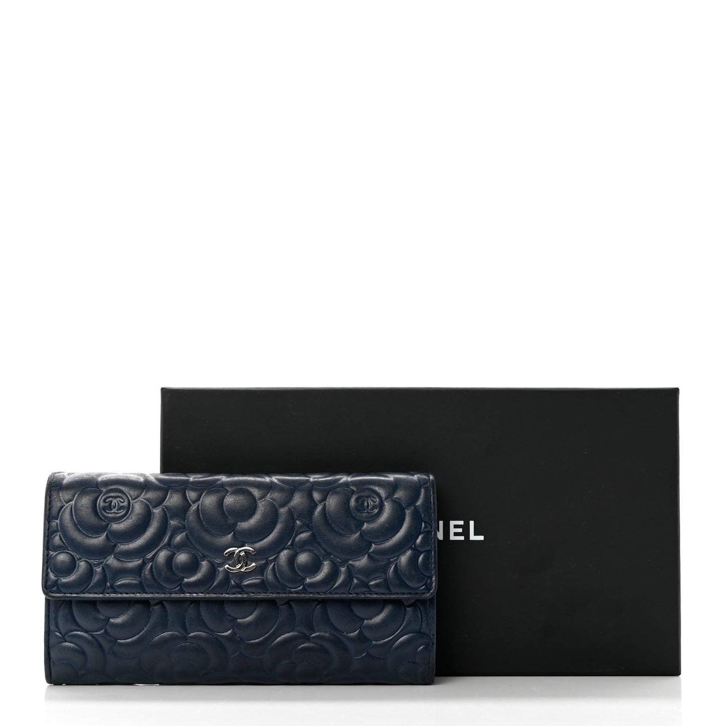 Lambskin Embossed Camellia Large Gusset Flap Wallet Navy