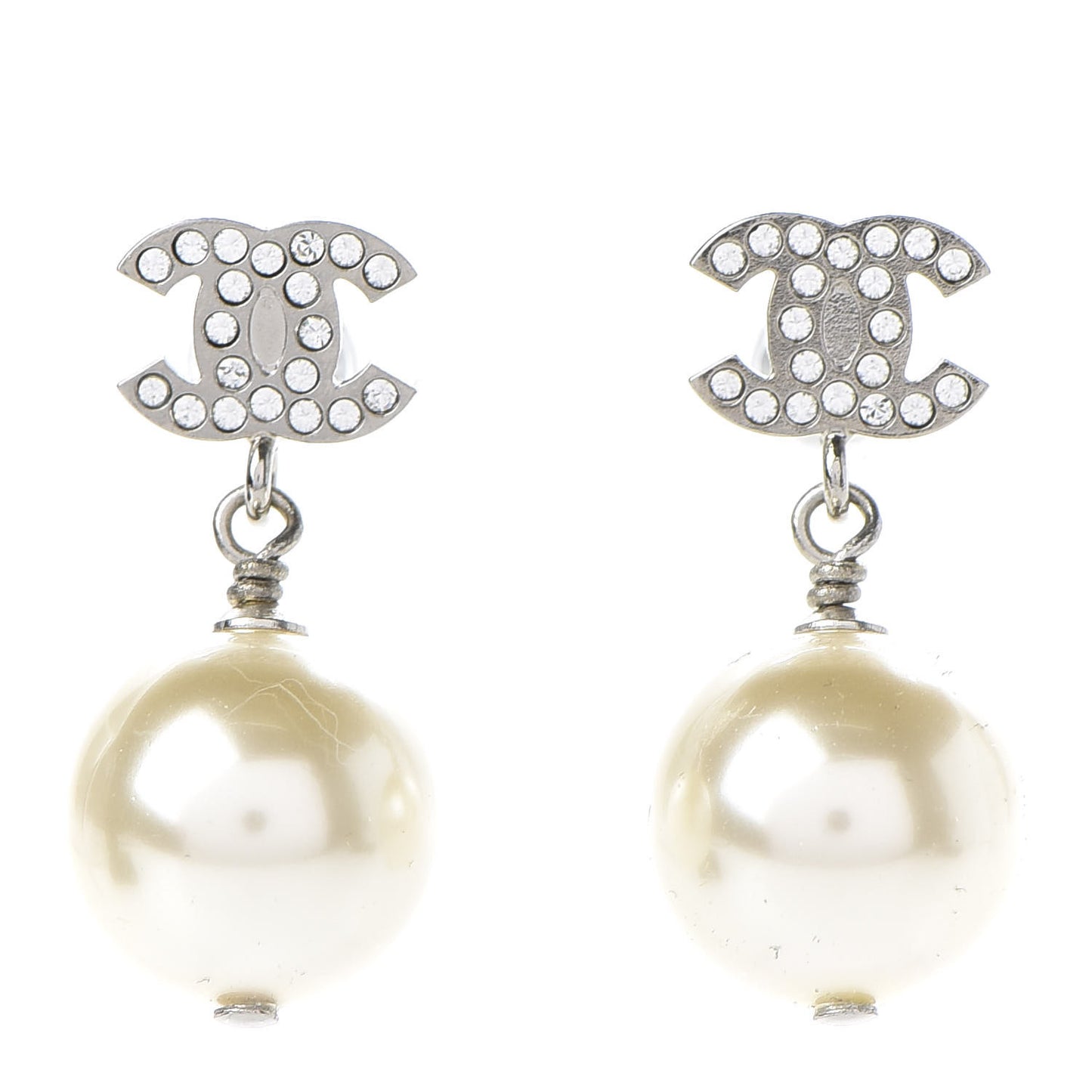 Crystal Pearl CC Drop Earrings Silver