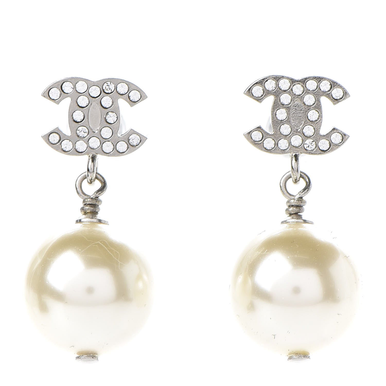 Chanel Crystal Pearl CC Drop Earrings Silver 1 of 5