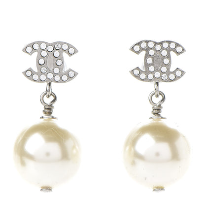 Chanel Crystal Pearl CC Drop Earrings Silver 1 of 5