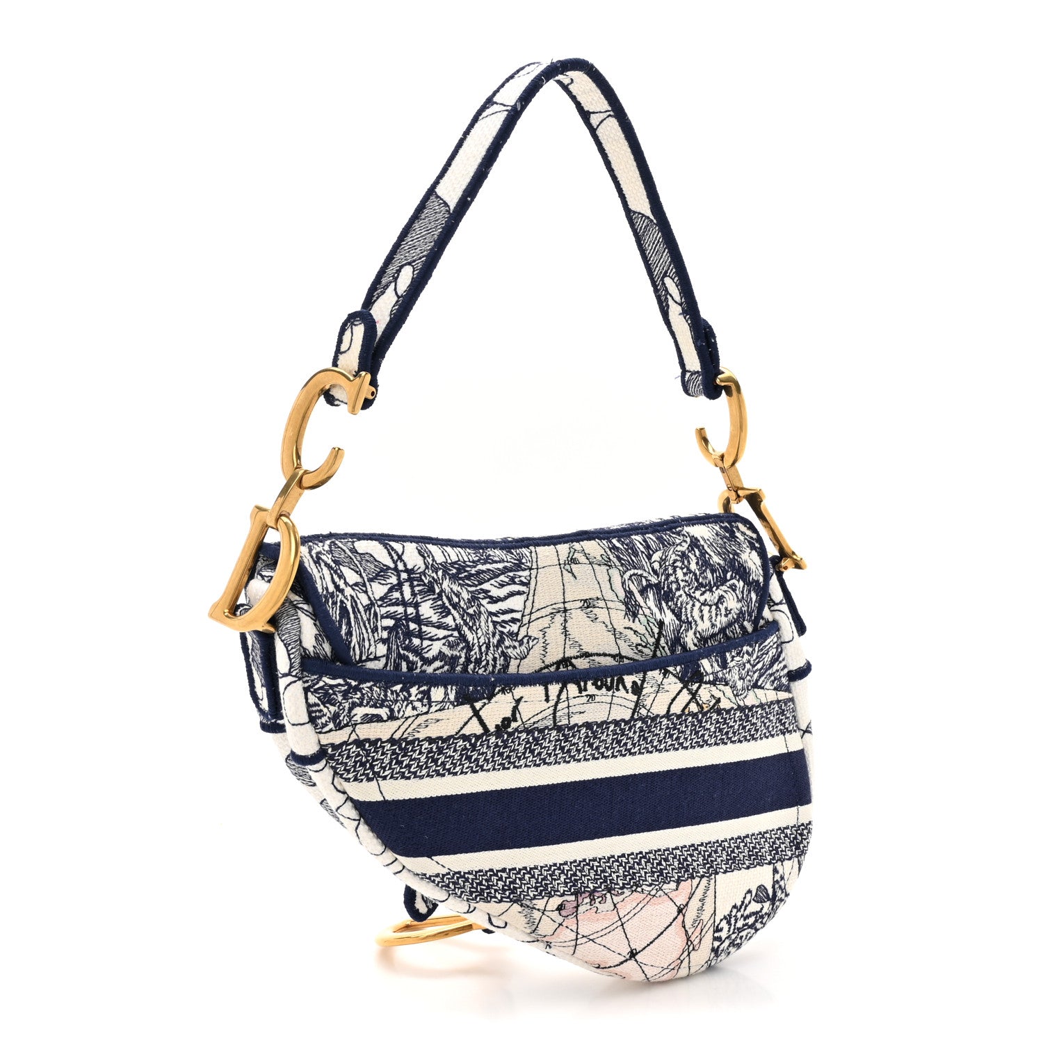 Christian Dior Canvas Embroidered Around the World Saddle Bag Blue 3 of 11