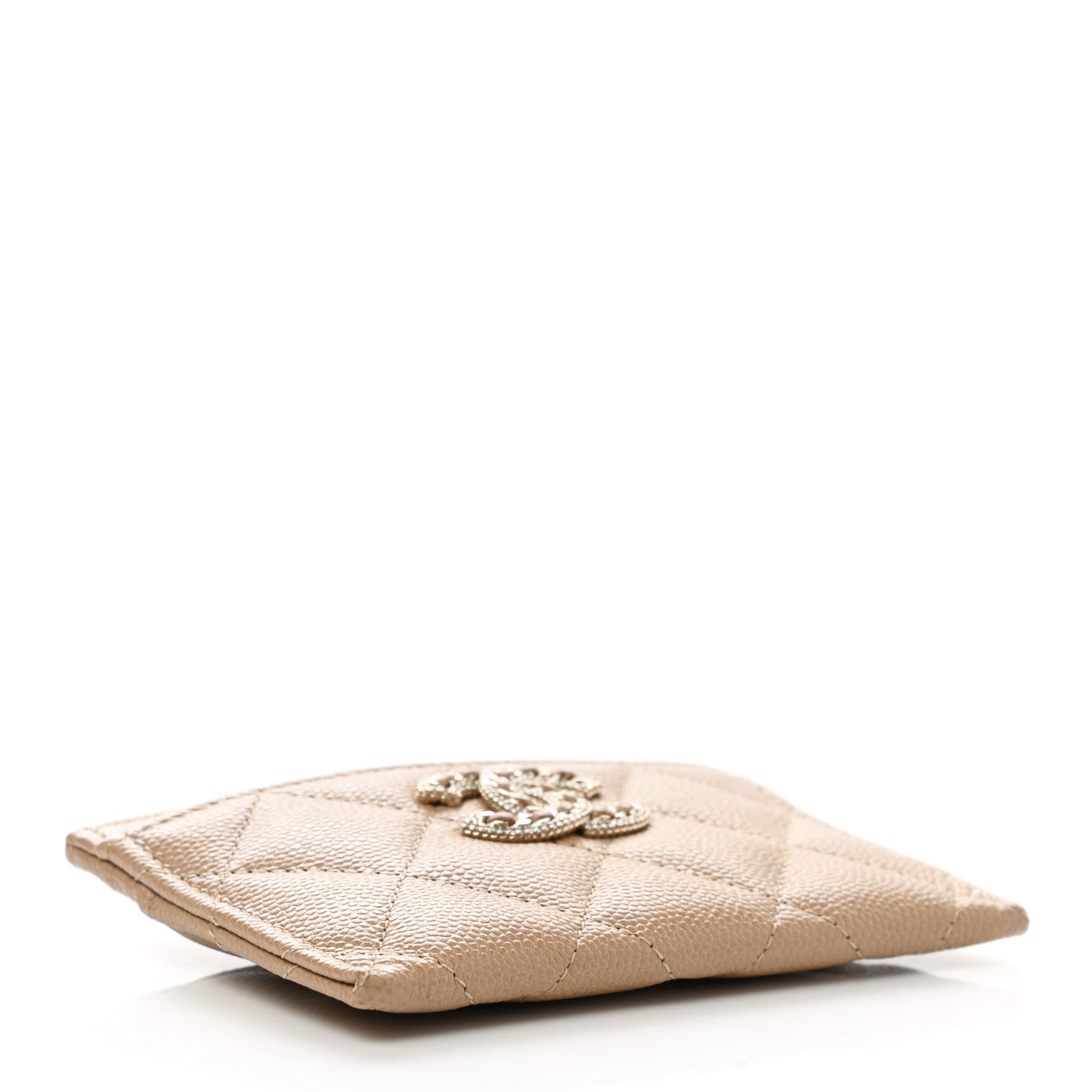 Caviar Quilted Crystal Card Holder Beige