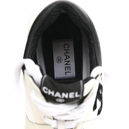 Chanel Mesh Suede Calfskin Grained Calfskin Womens CC Sneakers 38.5 White Black 7 of 9