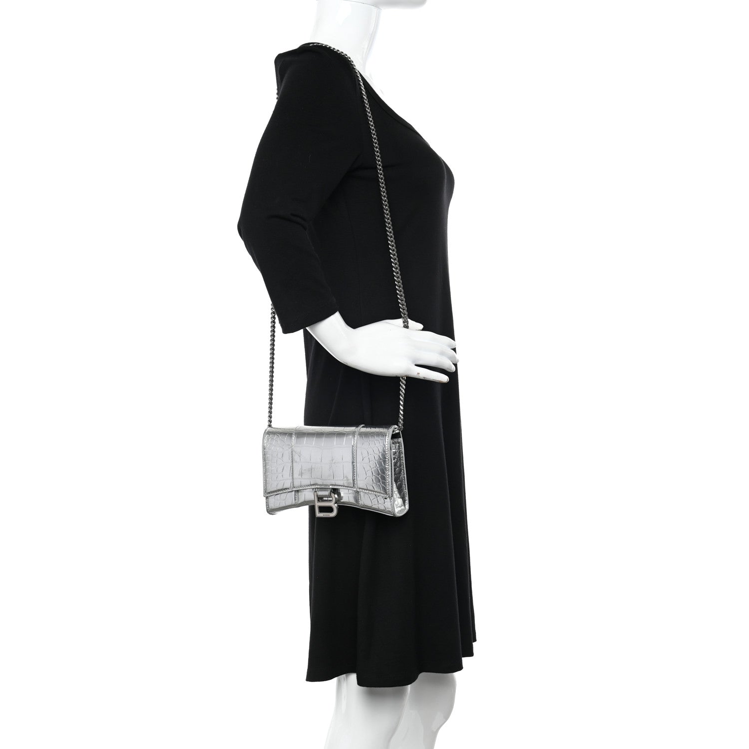 Balenciaga Metallic Calfskin Crocodile Embossed Hourglass Chain Bag Silver 2 of 13