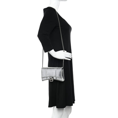 Balenciaga Metallic Calfskin Crocodile Embossed Hourglass Chain Bag Silver 2 of 13