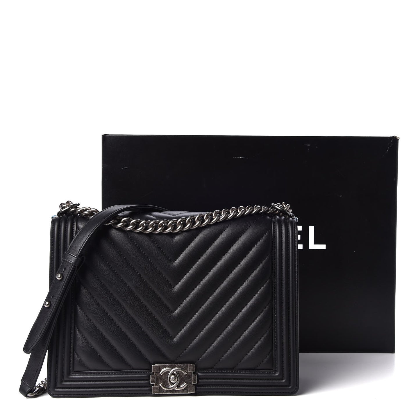 Calfskin Chevron Quilted Large Boy Flap Black