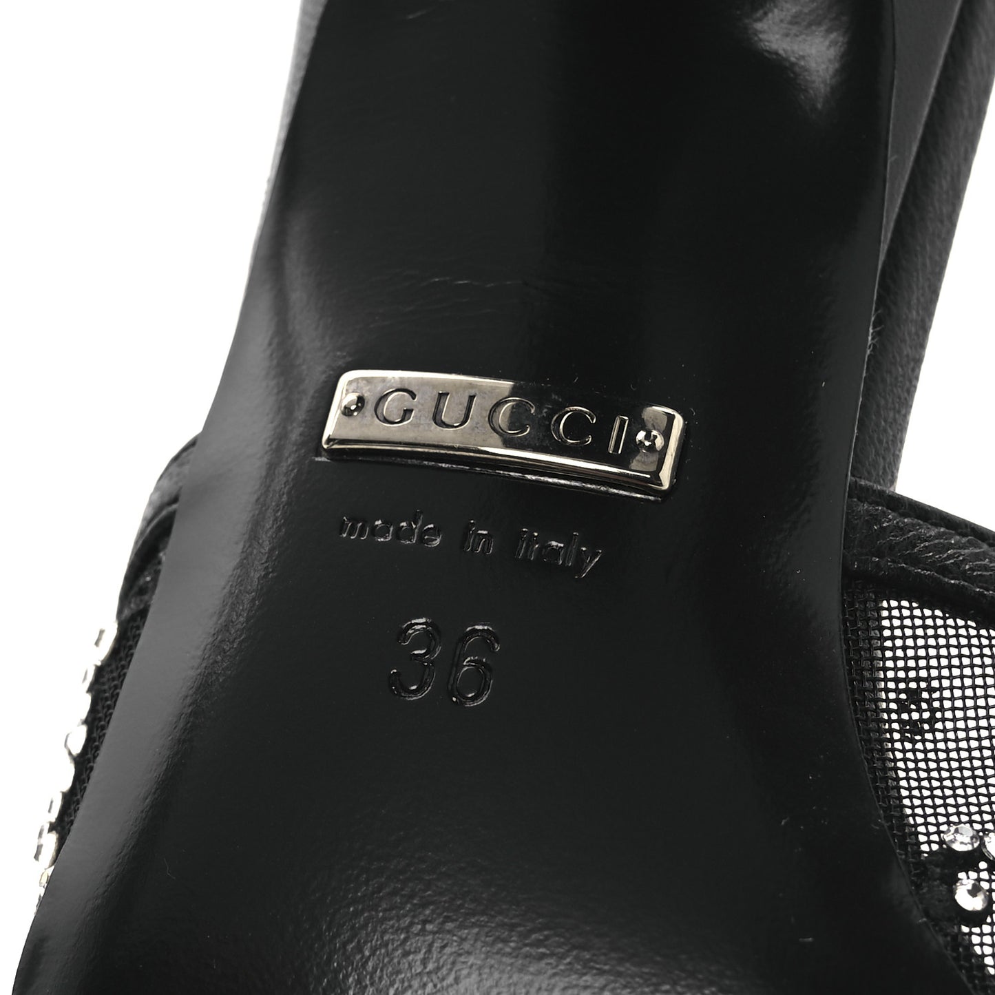 Tela Retino Kid Scamosciato Crystal GG Monogram Square Demi Mule Sandals 36 Black