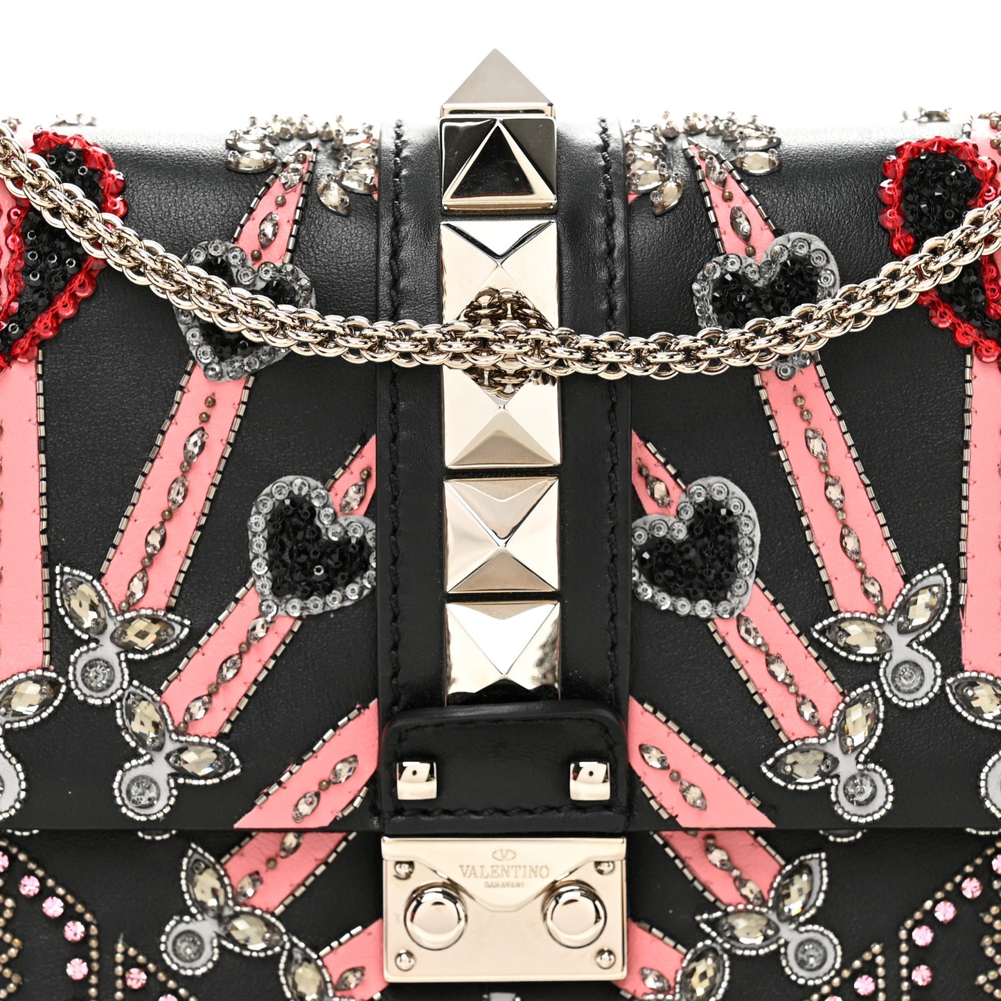 Vitello Crystal Loveblade Embellished Medium Glam Lock Rockstud Flap Black