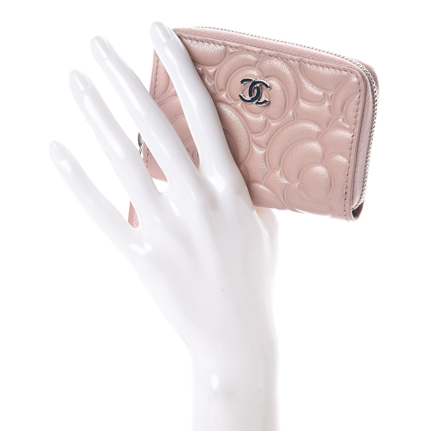 Goatskin Camellia Embossed Zip Coin Purse Light Pink