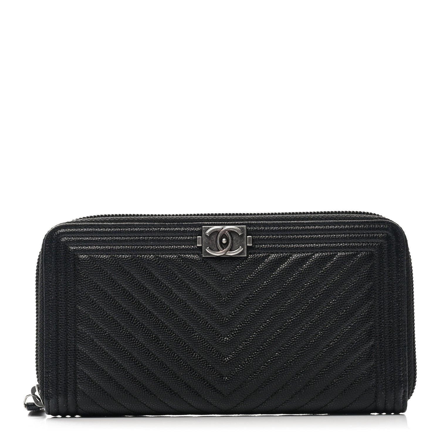 Chanel Caviar Chevron Quilted Zip Around Boy Wallet Black 1 of 9