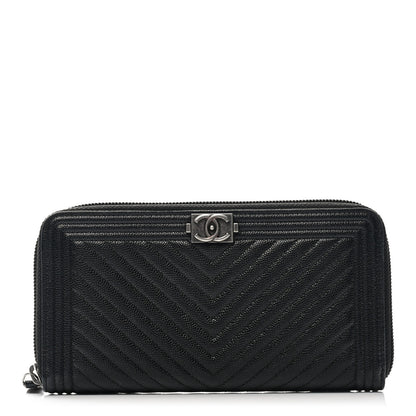 Chanel Caviar Chevron Quilted Zip Around Boy Wallet Black 1 of 9