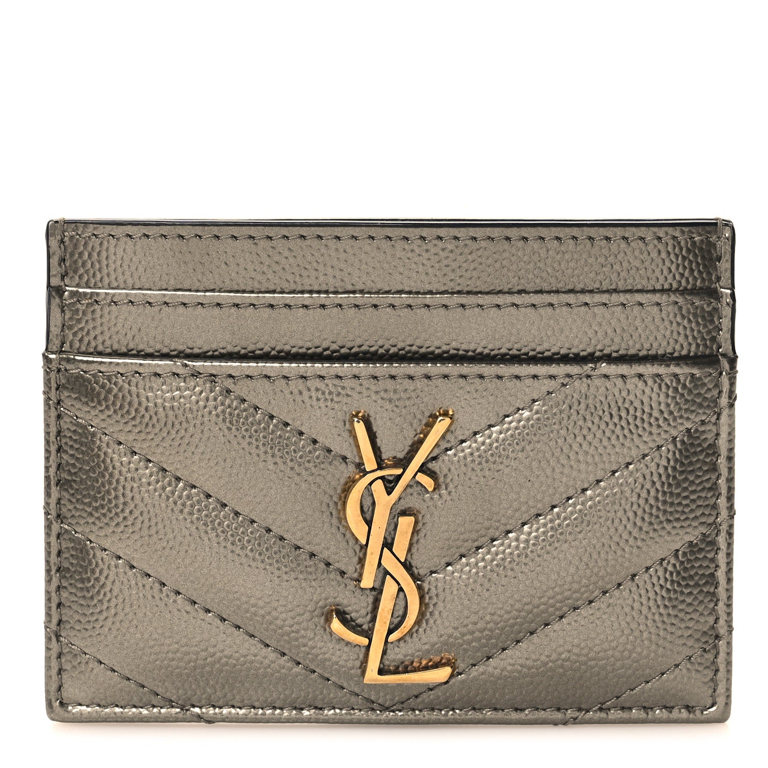 Saint Laurent Metallic Grain De Poudre Matelasse Chevron Monogram Credit Card Case Piombo 1 of 7
