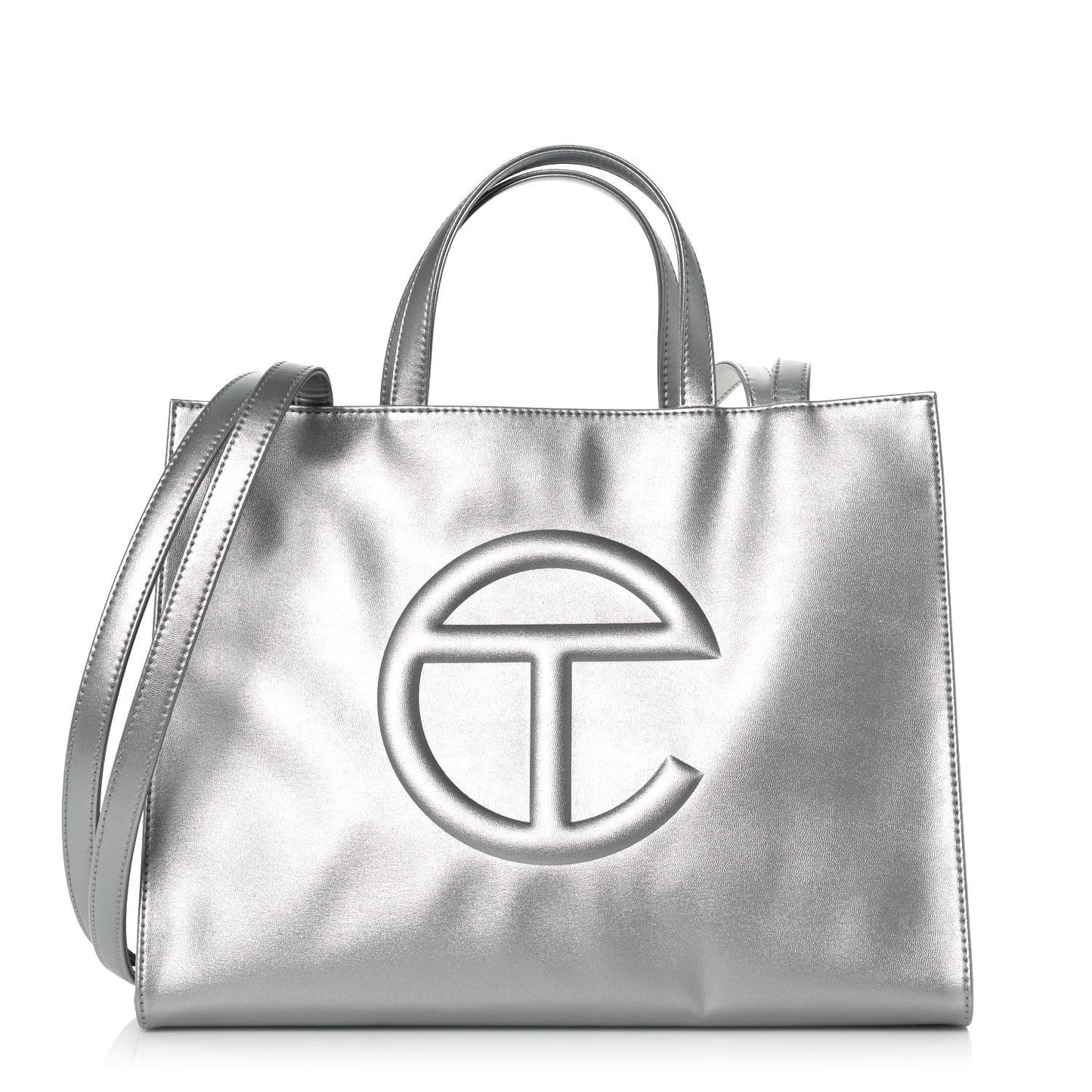 Metallic Vegan Leather Medium Shopping Bag Silver