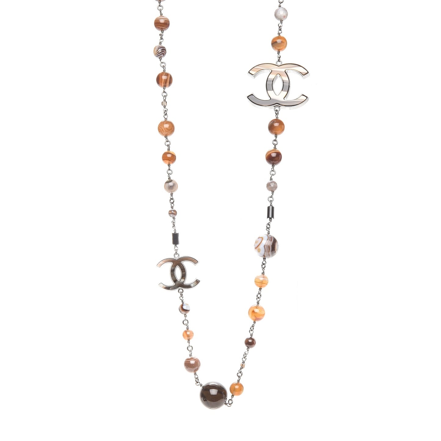 Bead Enamel CC Long Necklace Brown Silver