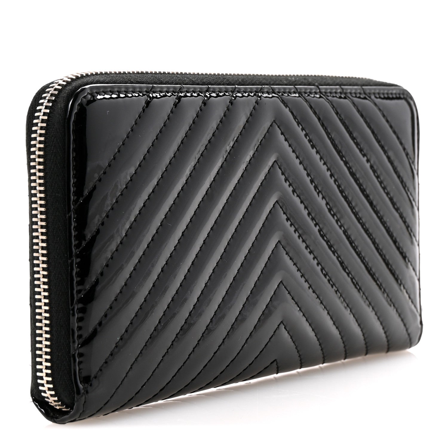 Chanel Patent Chevron Quilted CC Zip Around Wallet Black 5 of 18