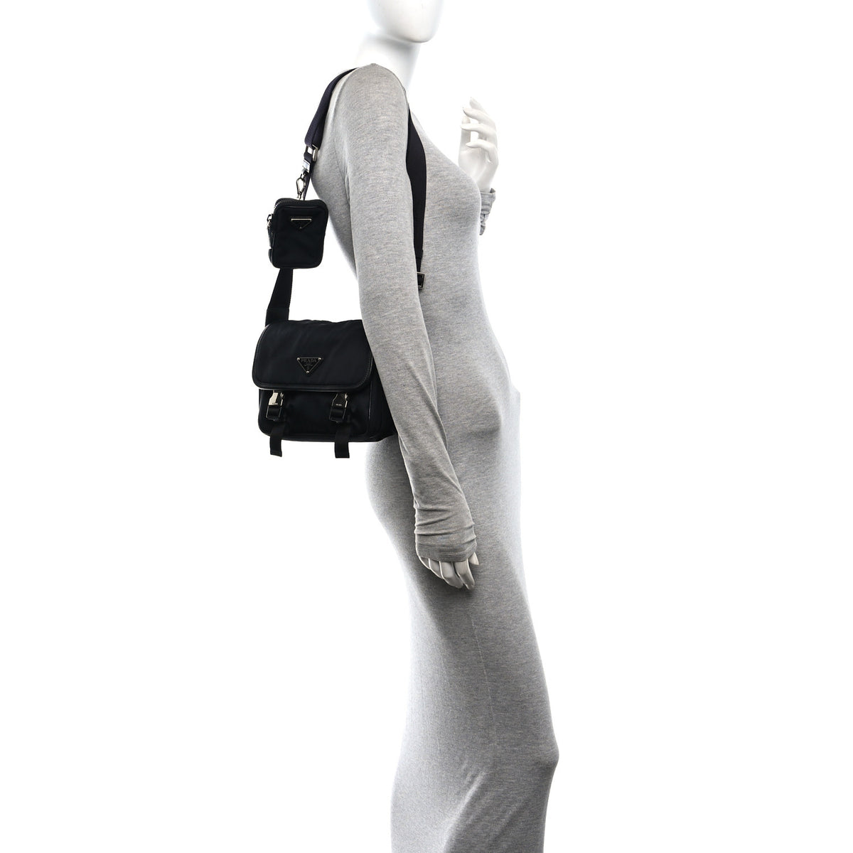 Re-Nylon Saffiano Pocket Double Snap Buckle Shoulder Bag Black