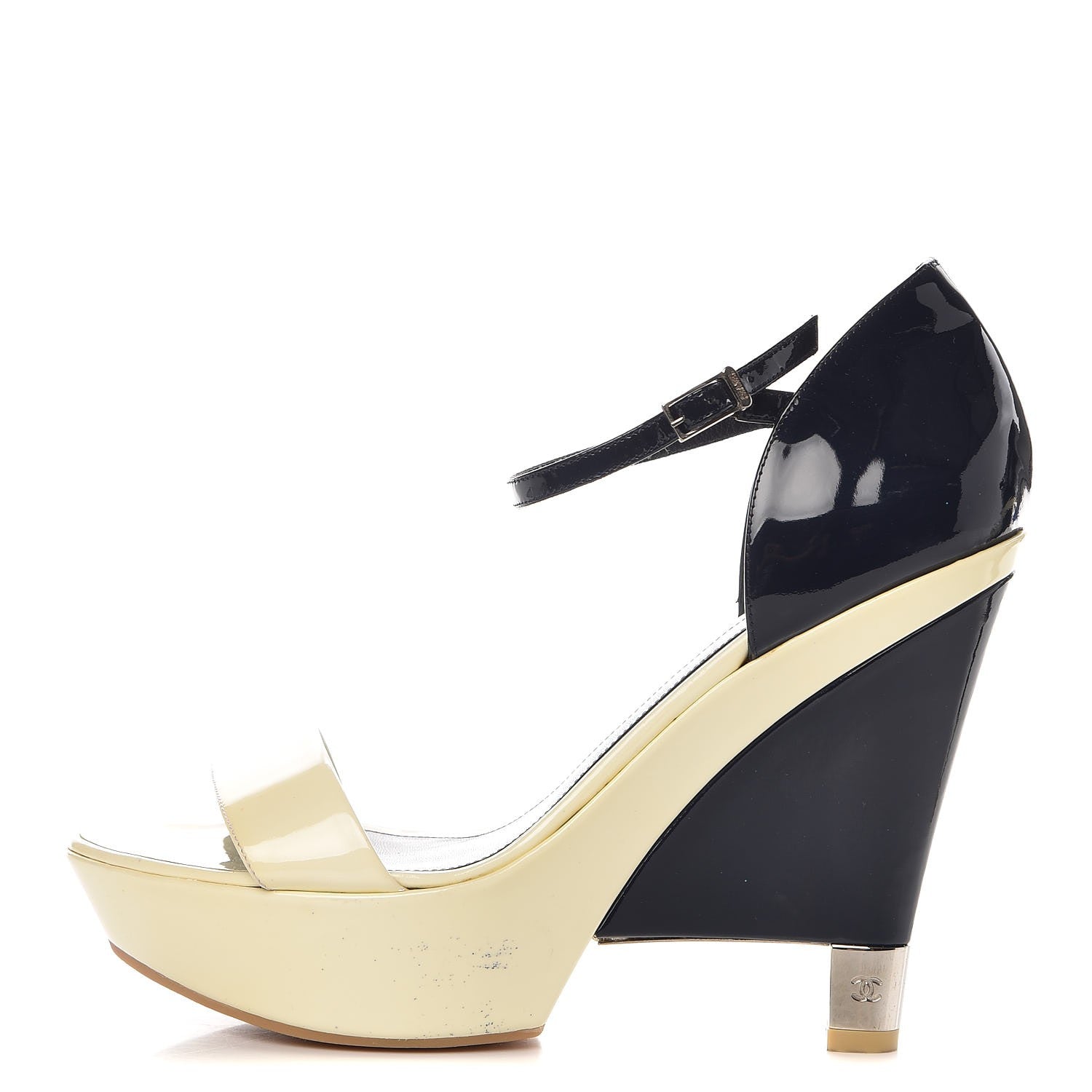Chanel Patent Wedge Sandals 41 Navy Beige 1 of 13