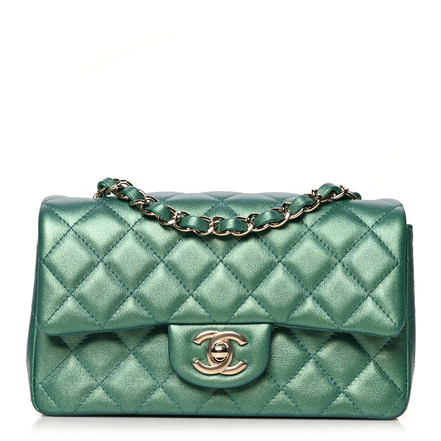Iridescent Calfskin Quilted Mini Rectangular Flap Green