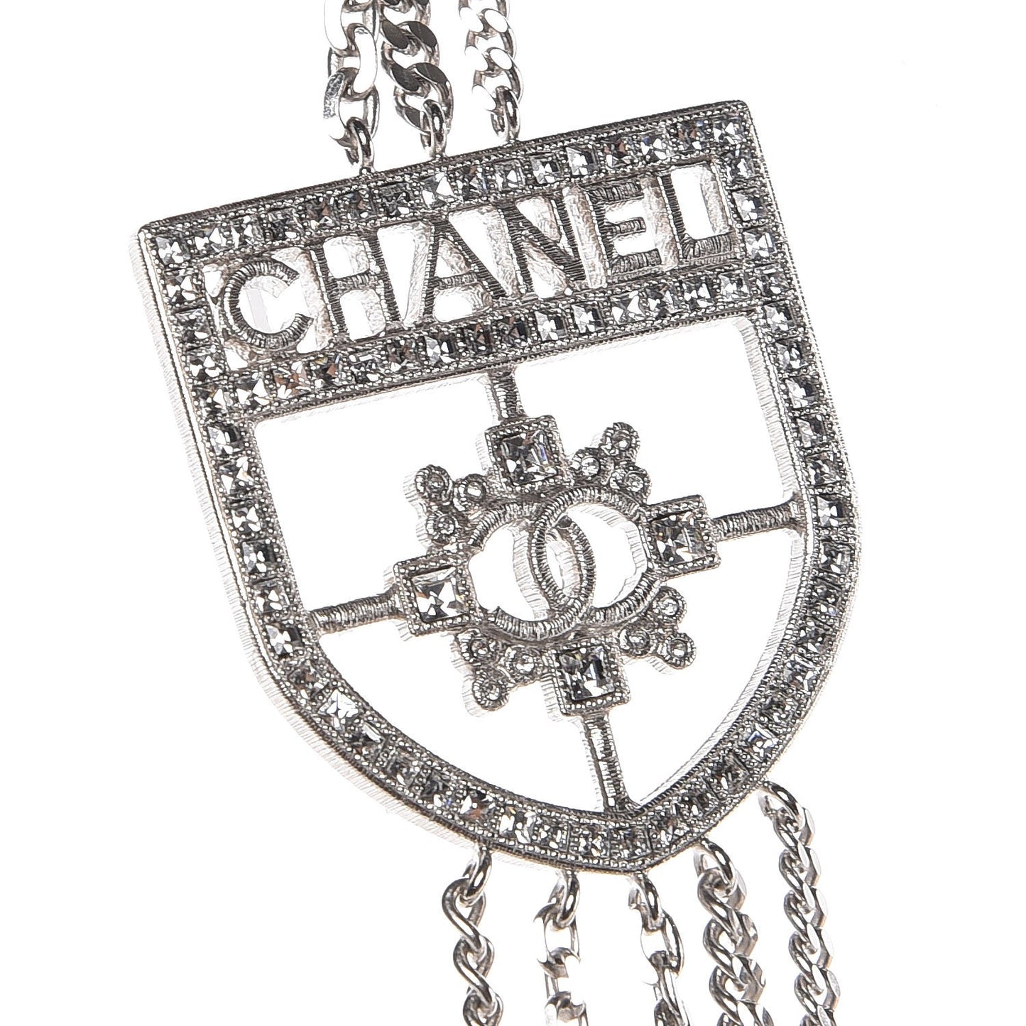 Baguette Crystal CC Shield Multi Strand Long Chain Necklace Silver