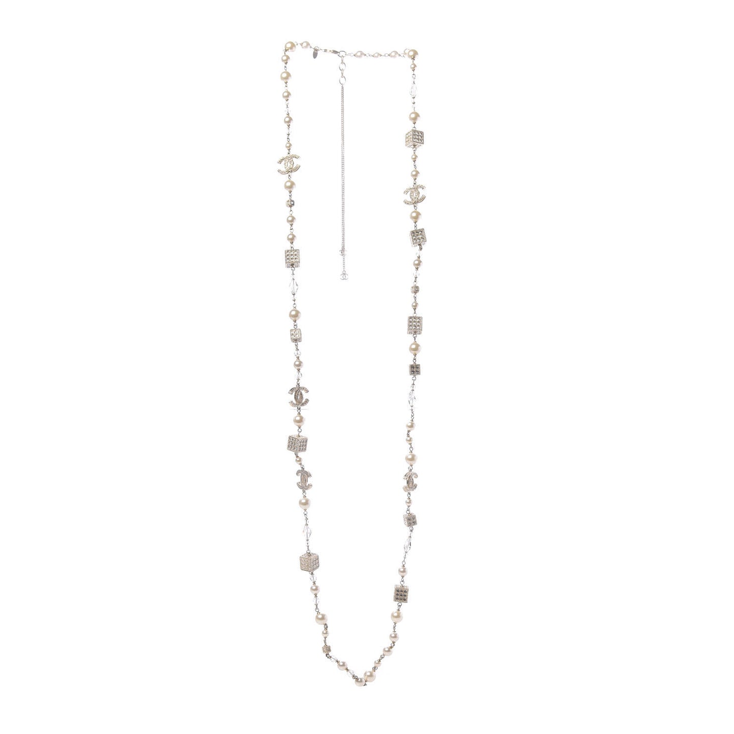 Pearl Baguette Crystal CC Long Necklace Gold