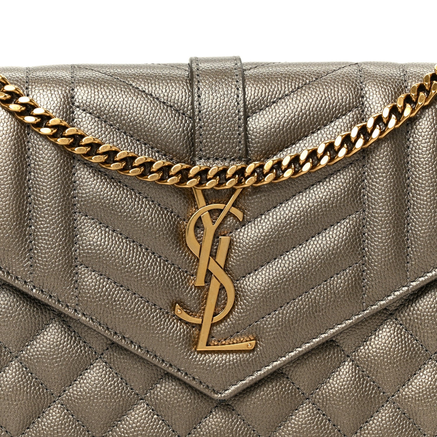Saint Laurent Metallic Grain De Poudre Mixed Matelasse Triquilt Monogram Chain Wallet Piombo 7 of 9
