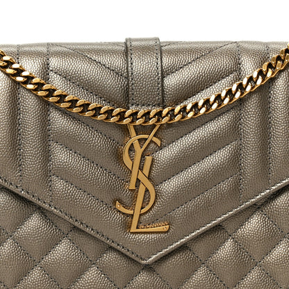 Saint Laurent Metallic Grain De Poudre Mixed Matelasse Triquilt Monogram Chain Wallet Piombo 7 of 9