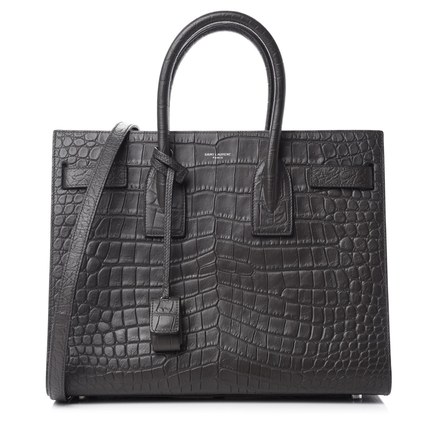 Calfskin Crocodile Embossed Small Sac De Jour Dark Brown