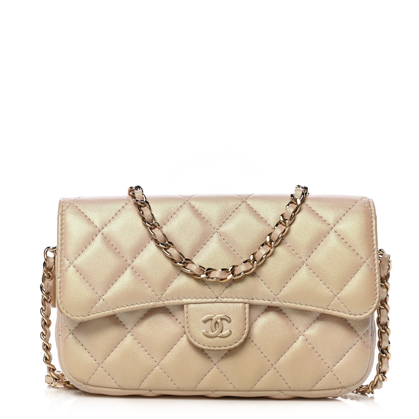 Iridescent Lambskin Quilted Flap Phone Holder With Chain Beige