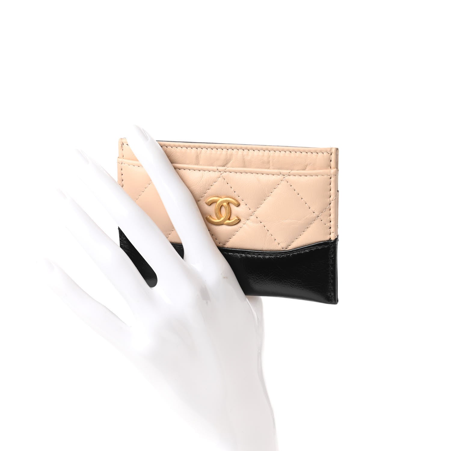 Chanel Aged Calfskin Quilted Gabrielle Card Holder Wallet Beige Black 2 of 12
