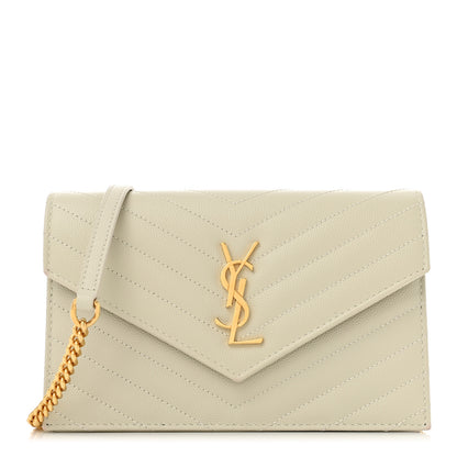 Saint Laurent Grain De Poudre Matelasse Chevron Monogram Envelope Chain Wallet Crema Soft 1 of 12