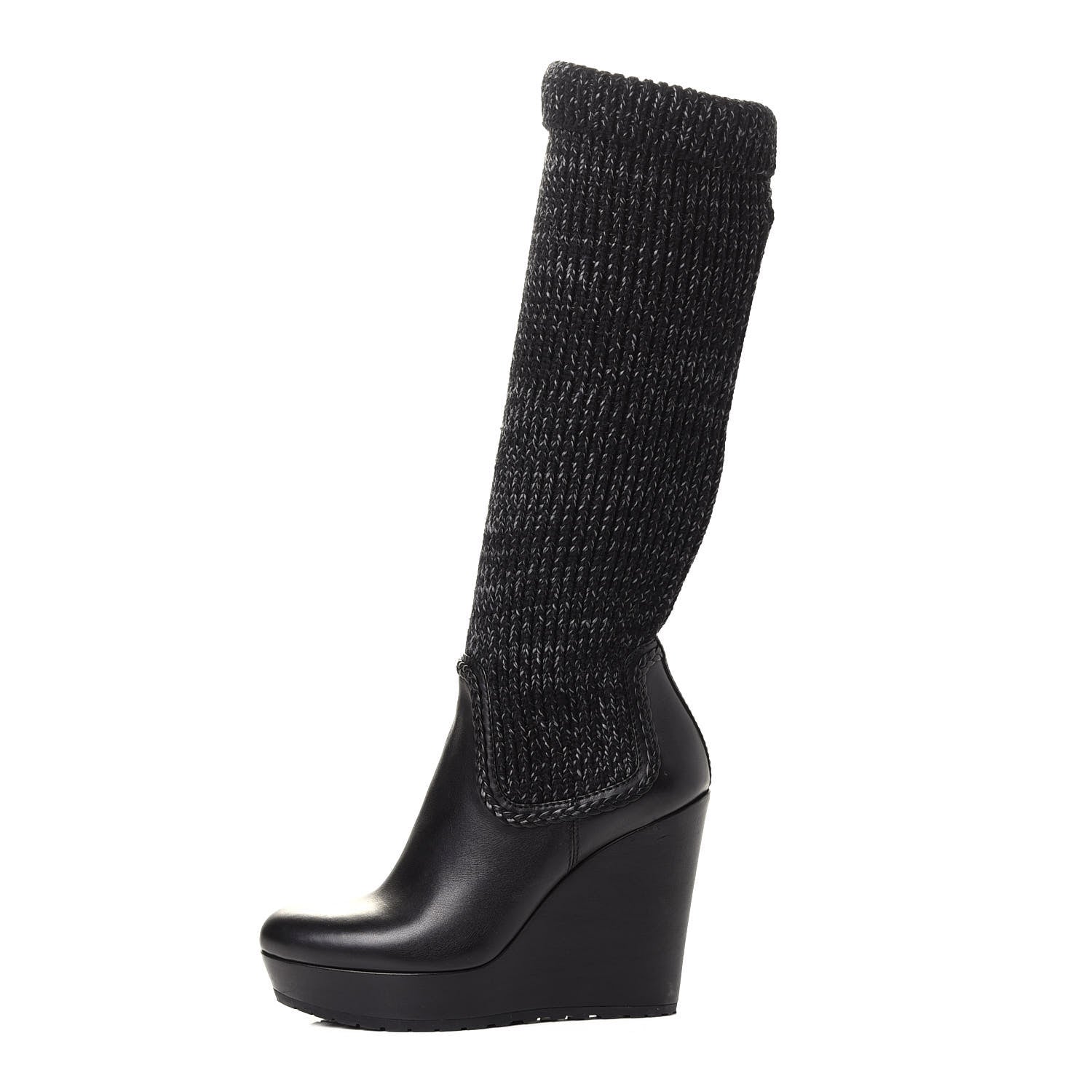 Gucci Wool Calfskin Knee Length Sock Boots 38 Black 1 of 8