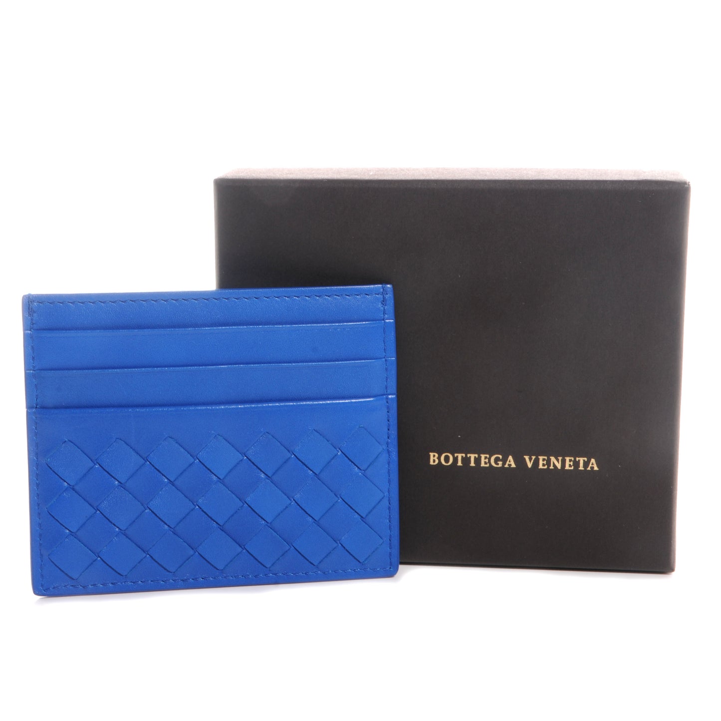 Nappa Intrecciato Woven Card Holder Signal Blue