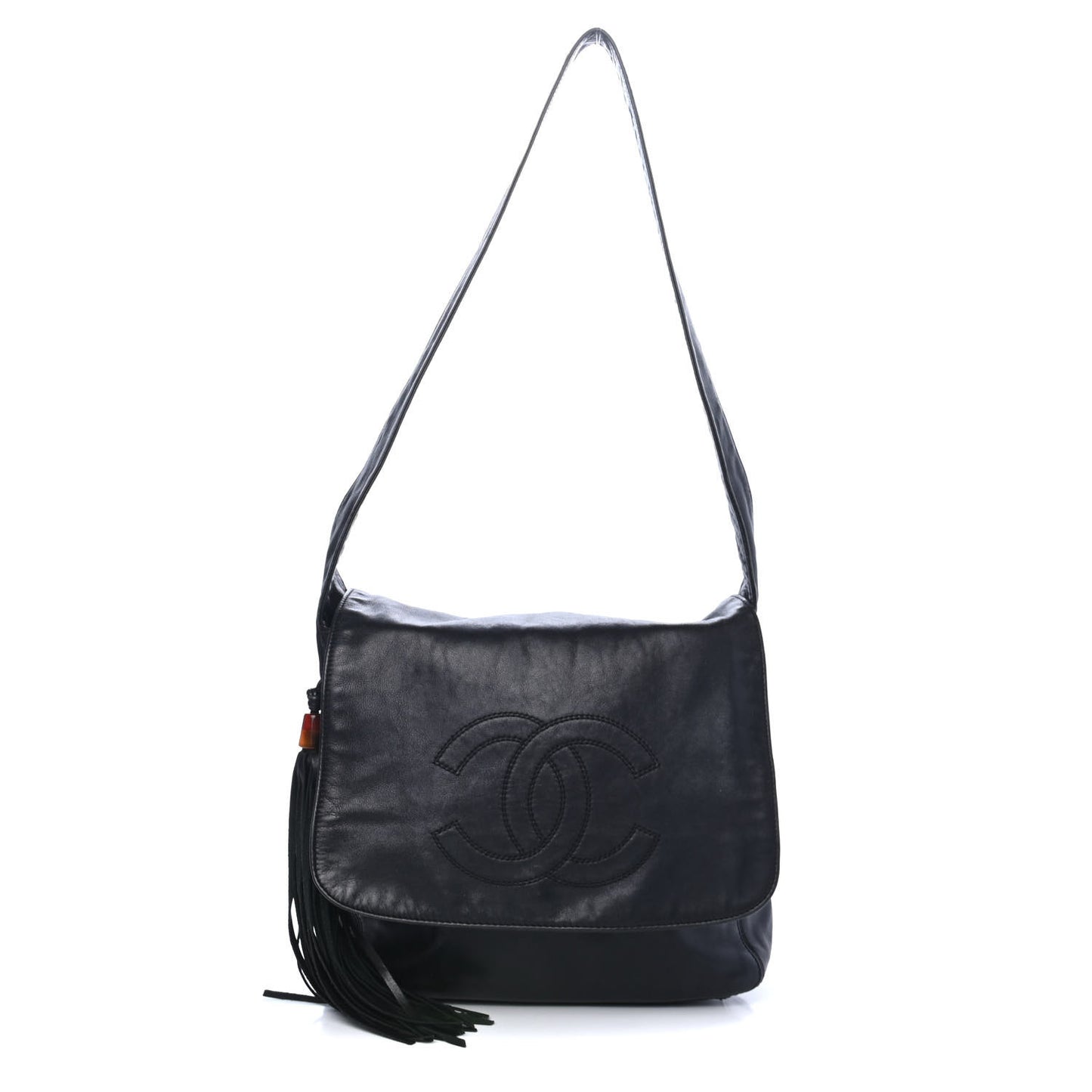 Lambskin CC Tassel Shoulder Flap Bag Black