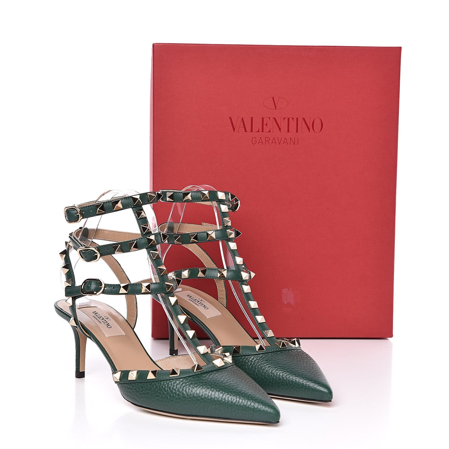 Pebbled Calfskin Rockstud Ankle Strap 65mm Pumps 37.5 English Green