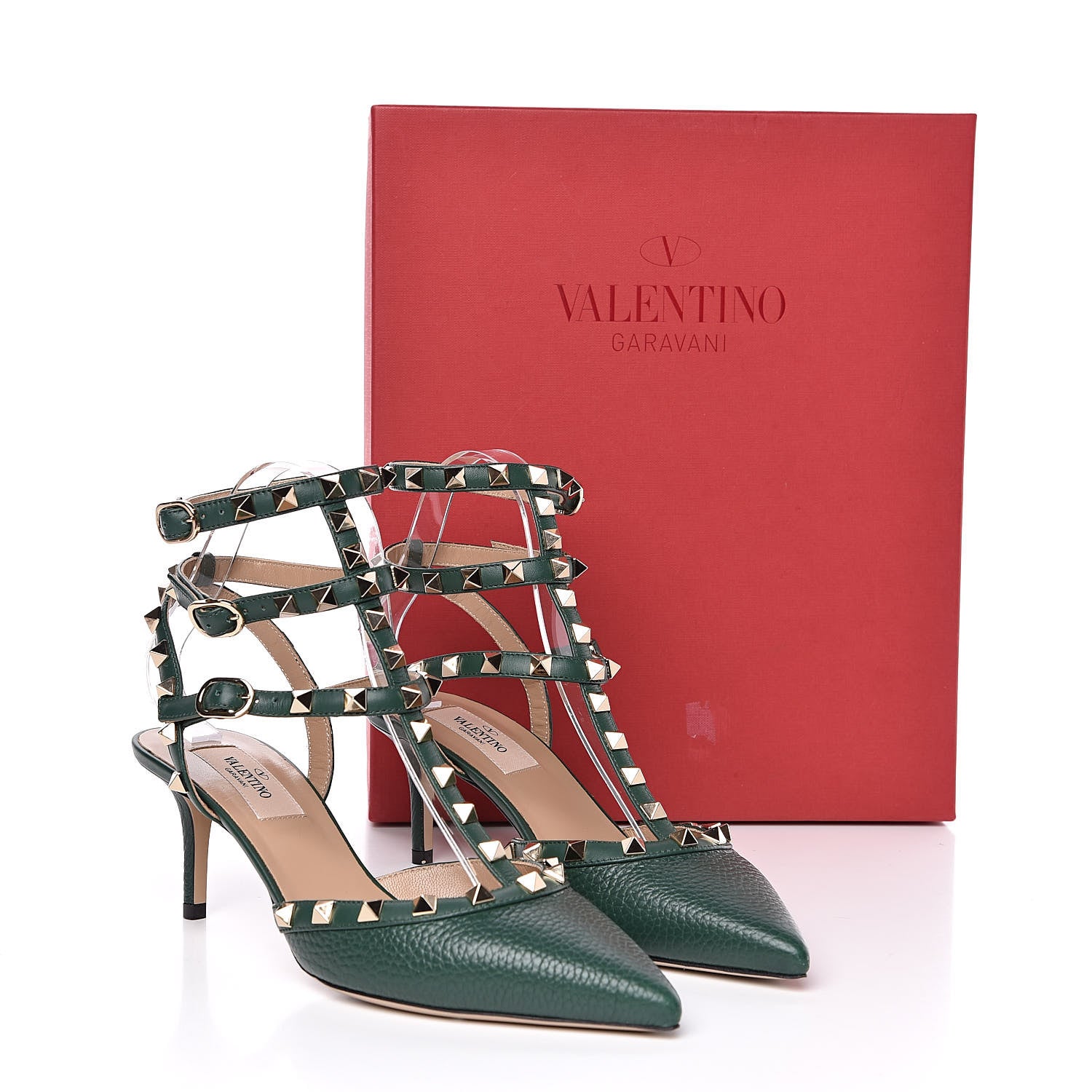Valentino Garavani Pebbled Calfskin Rockstud Ankle Strap 65mm Pumps 37.5 English Green 11 of 11